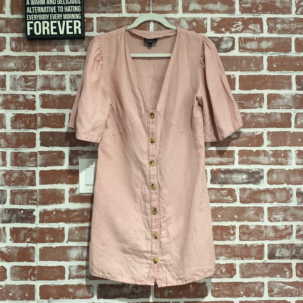 Women's Topshop Light Blush Pink Linen Button Front Casual Mini Dress Size 8